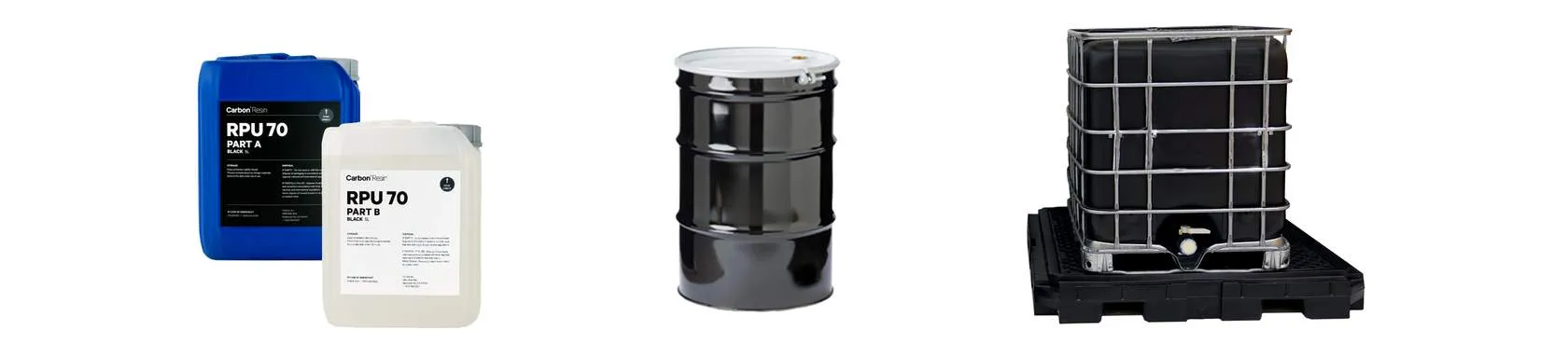 Examples of bulk packaging: 5 liter cans, 180 liter drum and 1000 liter intermediate bulk container (IBC)
