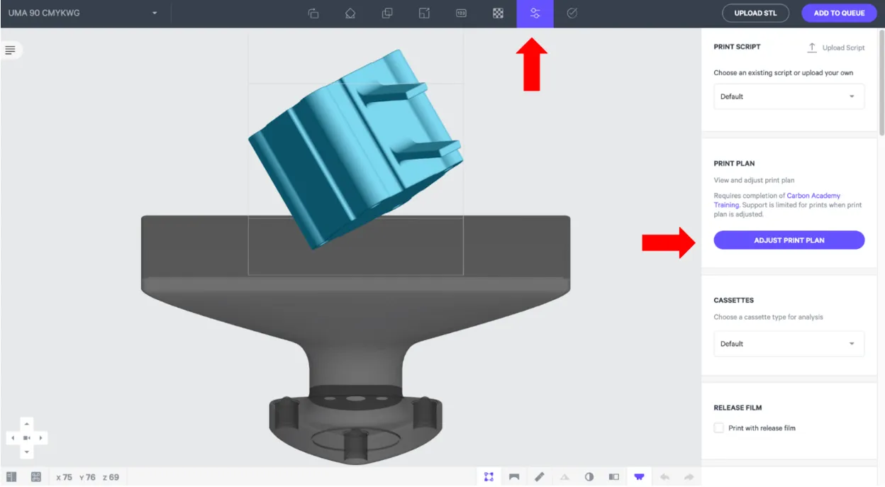 Example: Access the “Print Controls” section of the Print Prep UI, then click “Adjust Print Plan”