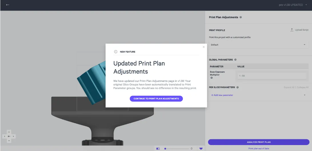 Example: Notification that existing Print Plan Adjustments have been migrated to the new format