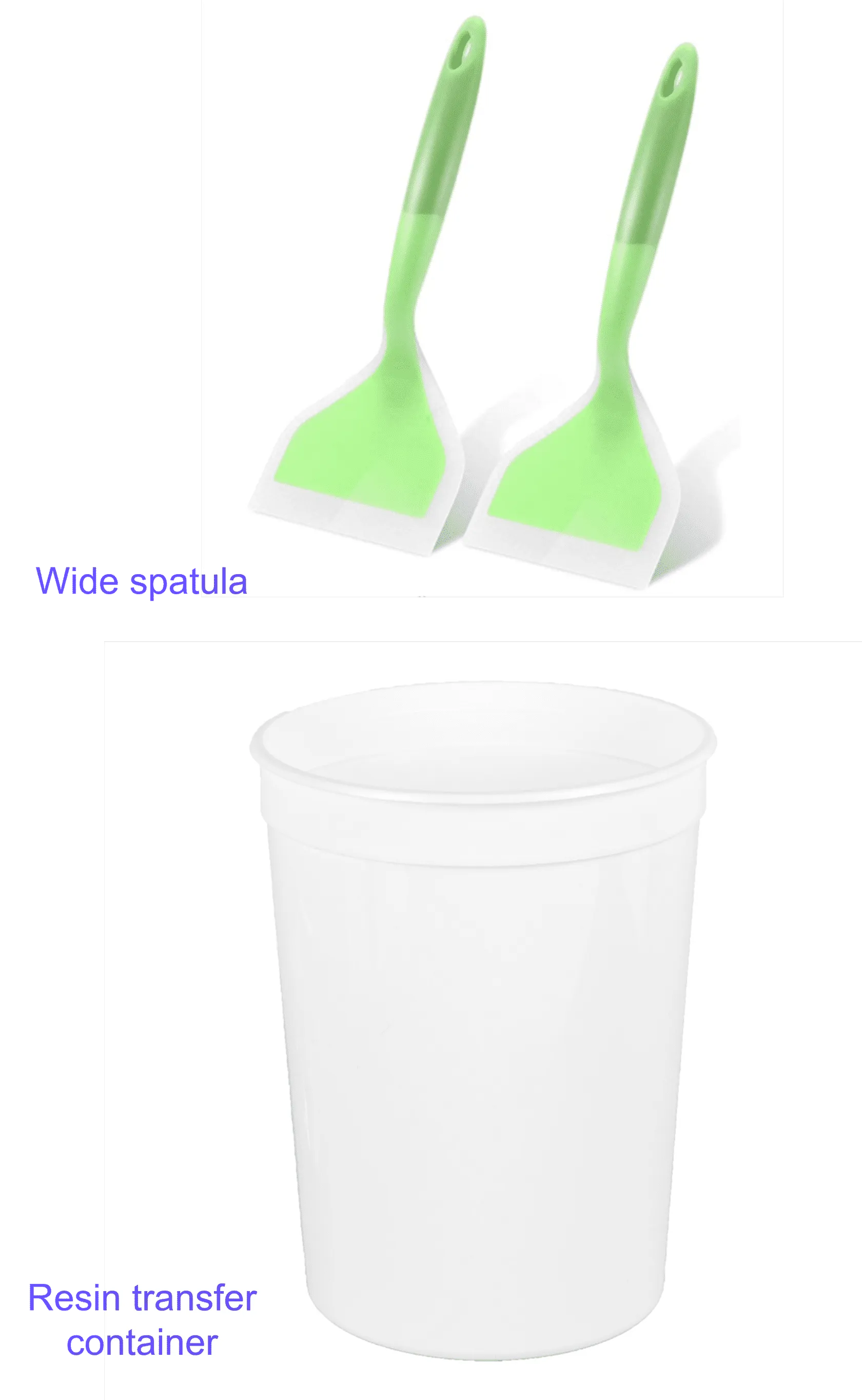 Wide spatulas and transfer container