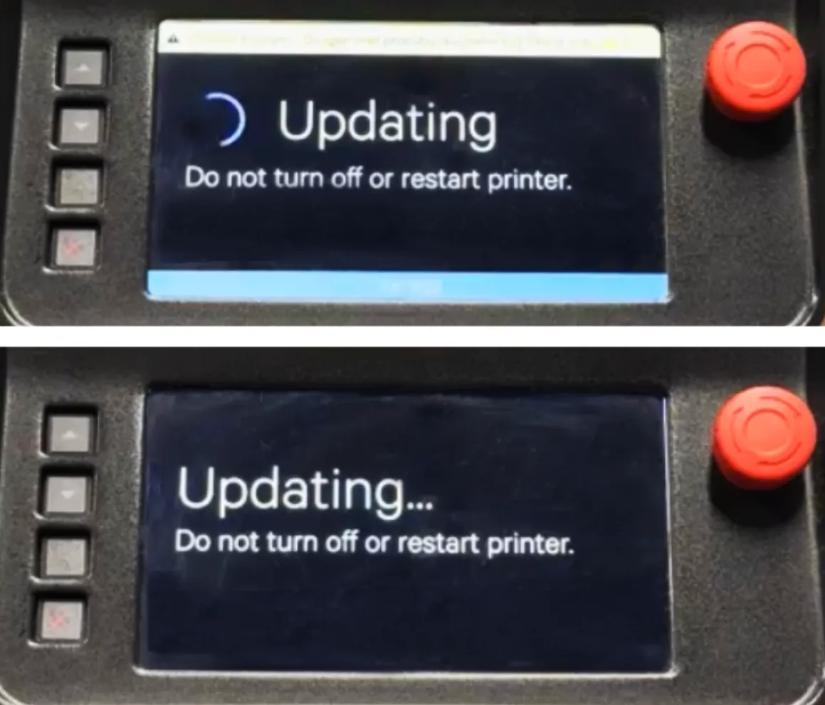 Example: Printer screen instructs users not to power-off or restart the printer while the update is installing; multiple different screens will appear during an update Example: Printer screen instructs users not to power-off or restart the printer while the update is installing; multiple different screens will appear during an update
