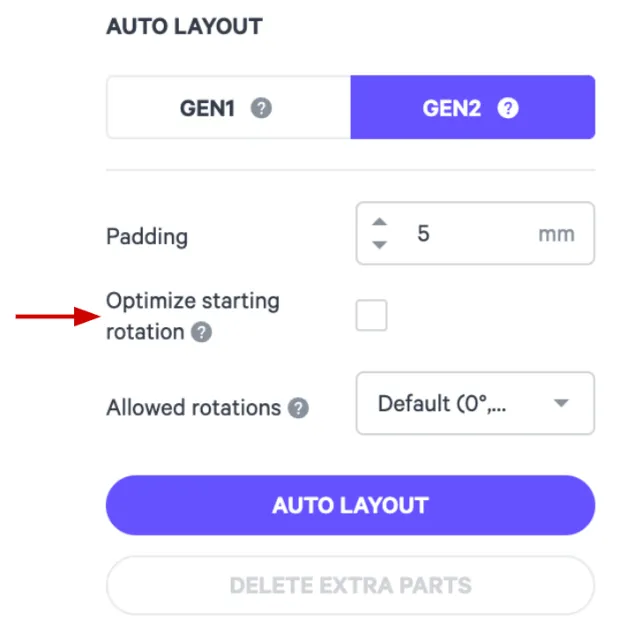 Example: Enable optimization of starting rotations via the checkbox in the Gen2 Auto Layout control panel Example: Enable optimization of starting rotations via the checkbox in the Gen2 Auto Layout control panel
