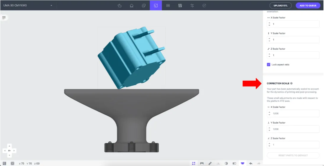 Example: Correction Scale factors shown within the Scale tab in the Print Prep UI