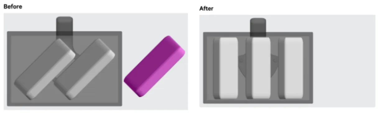 Example: Without optimizing the parts’ starting rotations, only two parts fit on this build (left); when starting rotations are optimized, three parts now fit (right) Example: Without optimizing the parts’ starting rotations, only two parts fit on this build (left); when starting rotations are optimized, three parts now fit (right)