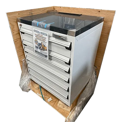 Open crate showing tooling cabinet Open crate showing tooling cabinet