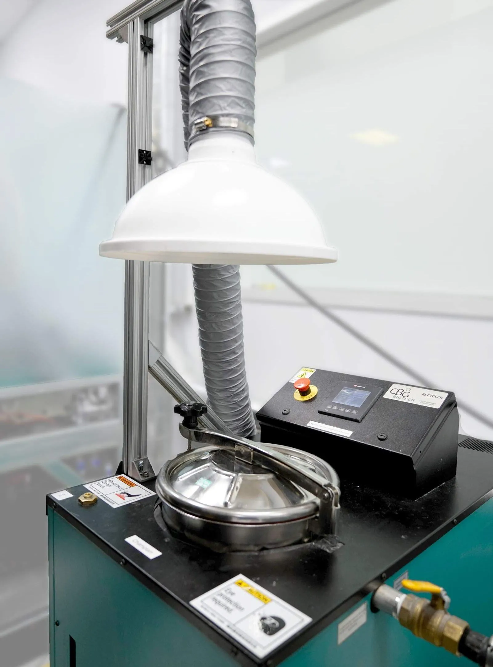 Ventilation snorkel located directly over distiller to provide maximum protection from fumes.