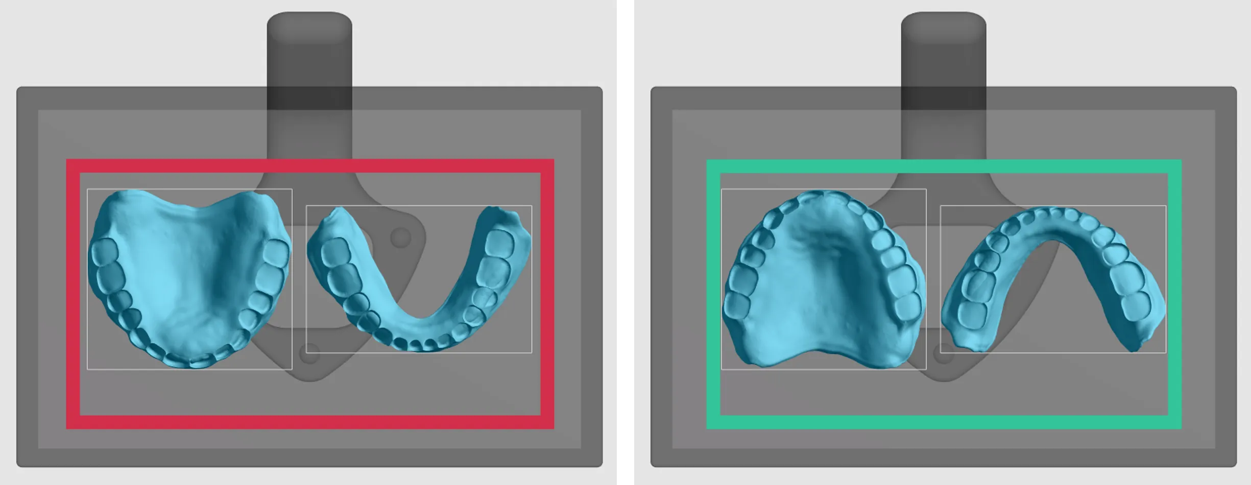 Top view of denture bases on platform