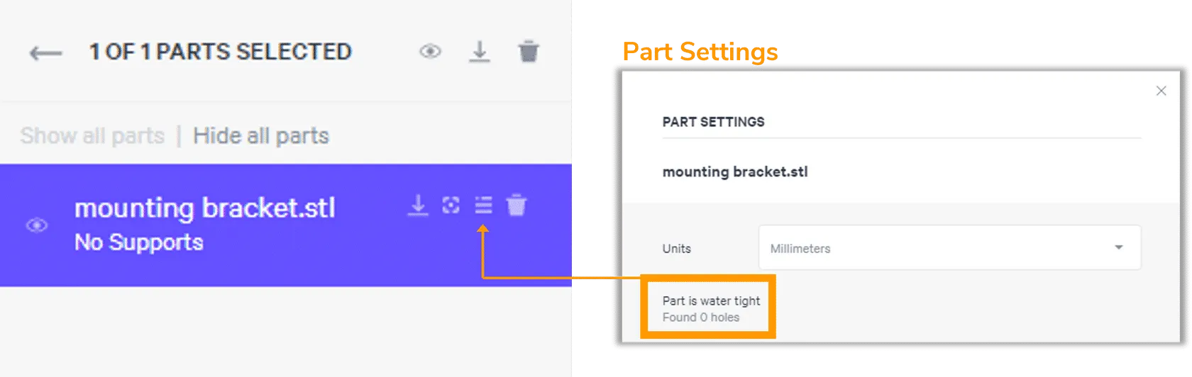 Parts List - Part Settings - Part is water tight