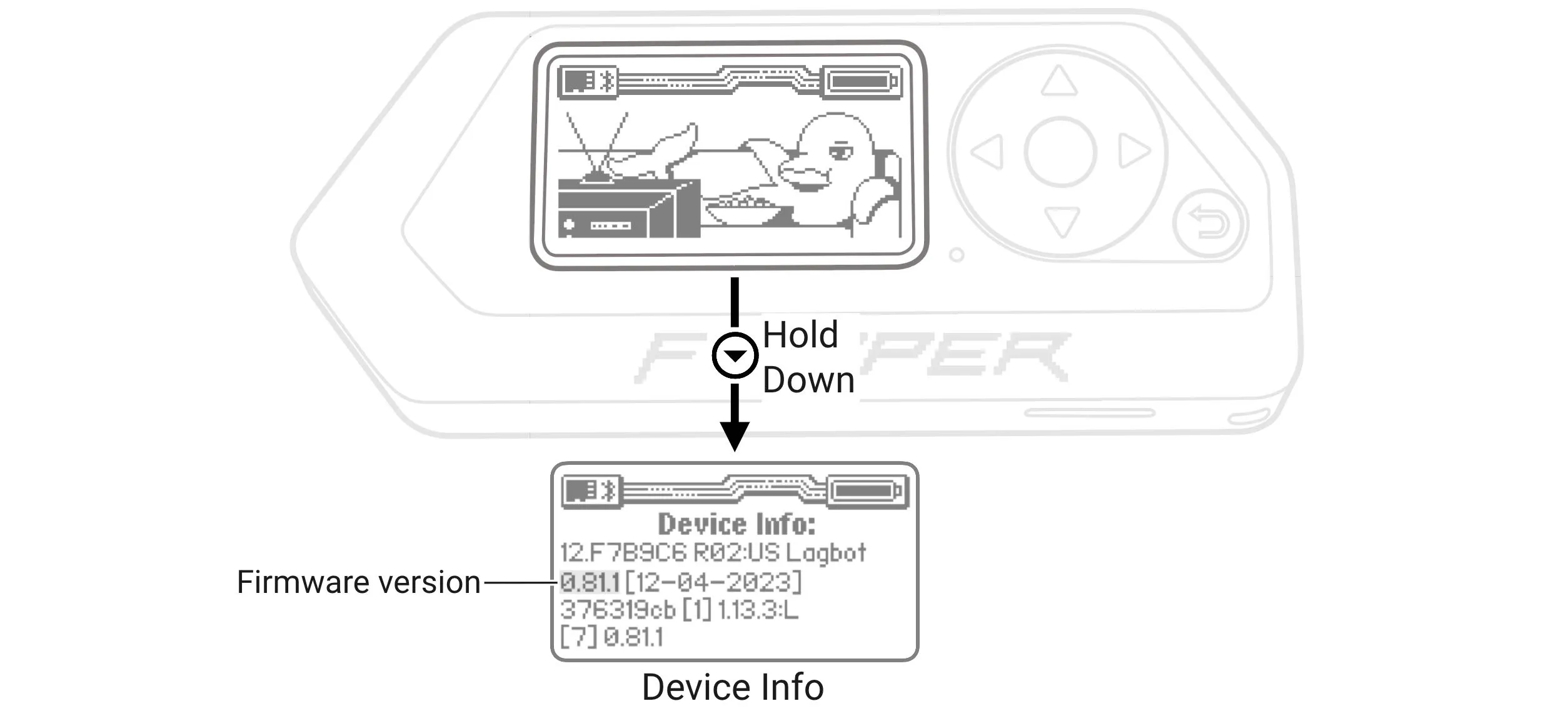 To access Device Info, press and hold the %down%DOWN button while on the Desktop