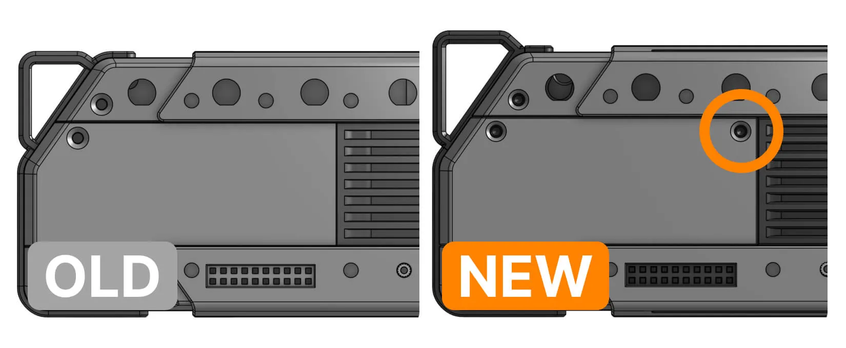 3D model of Flipper One's back plate showing the added corner screw alongside the existing ones