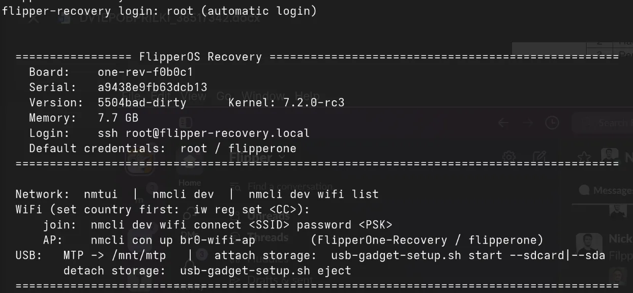 Recovery OS message of the day, showing board info, network setup commands, and USB storage gadget commands