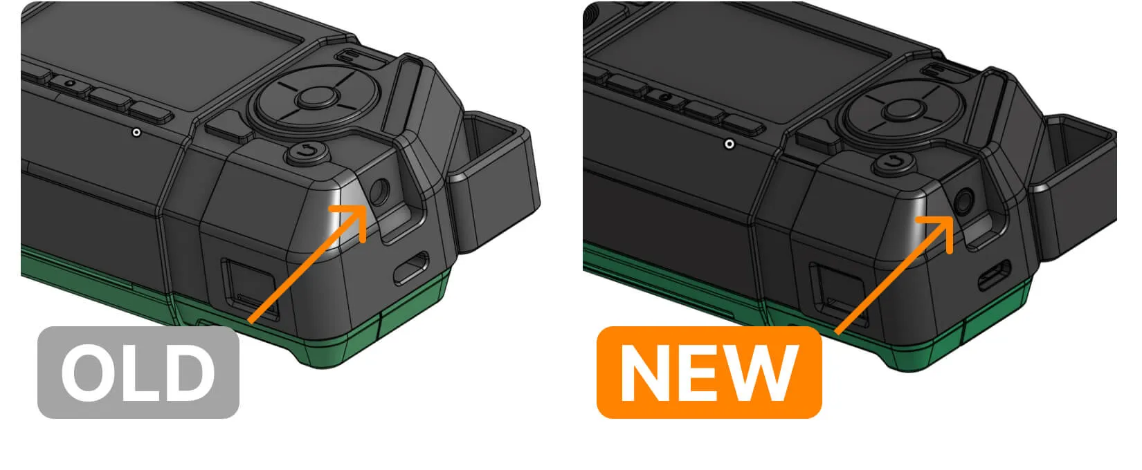 3D model of Flipper One's side profile showing the audio jack port moved outward