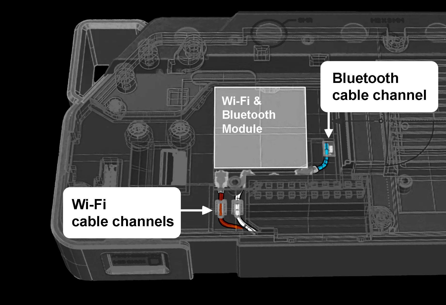 CAD wireframe view of Flipper One's internals showing the new cable routing area above the Wi-Fi module