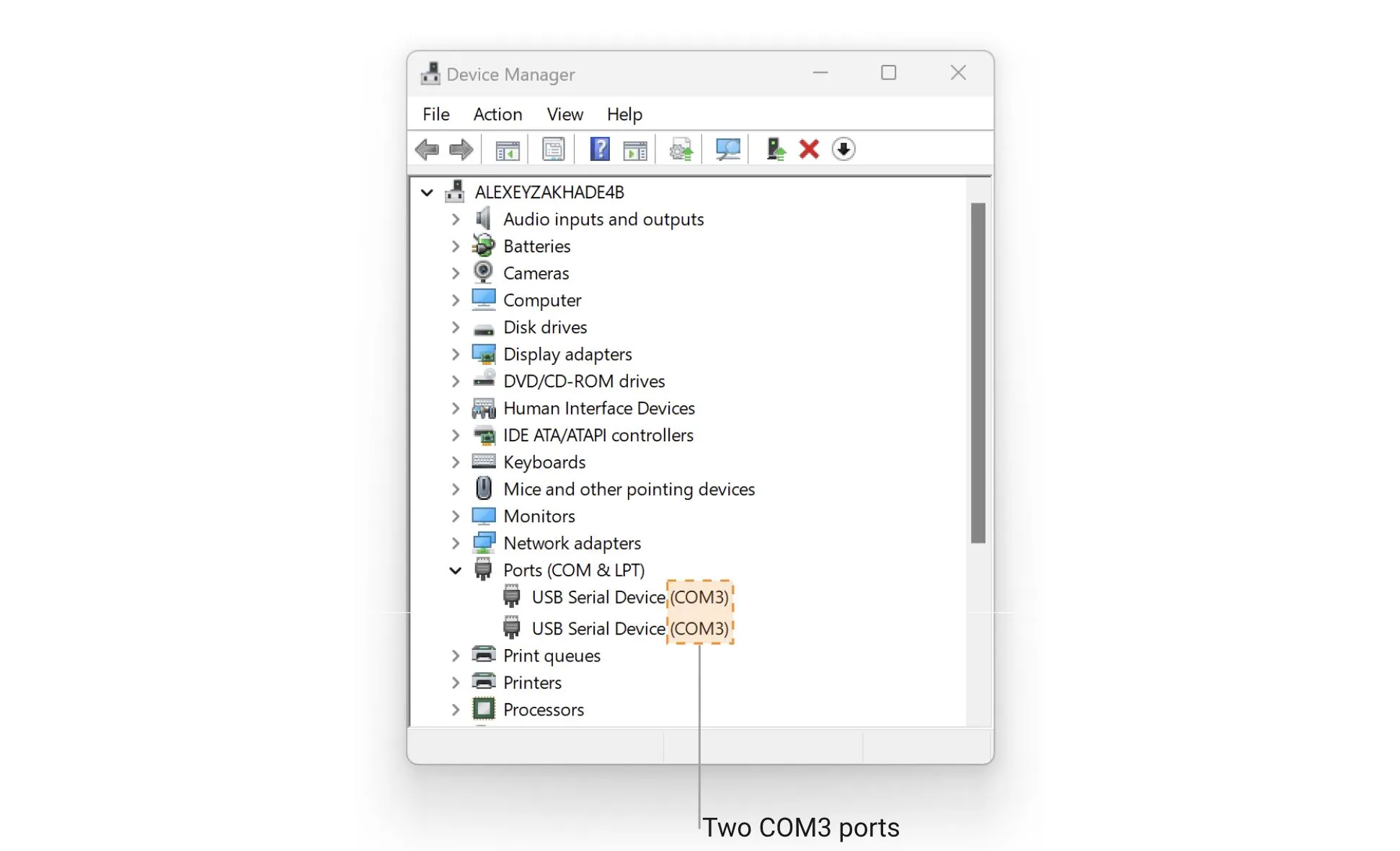 Check if you have two USB Serial devices with the same COM port number