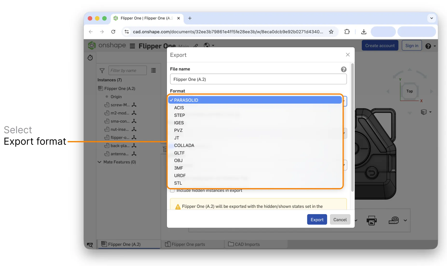 Onshape export formats