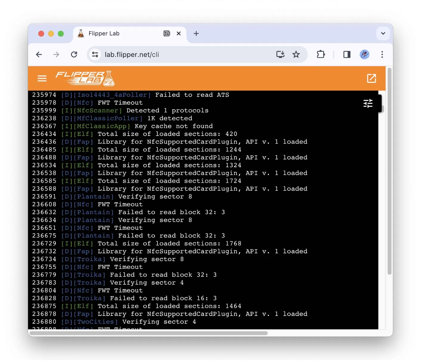 NFC logs in the Flipper Zero CLI