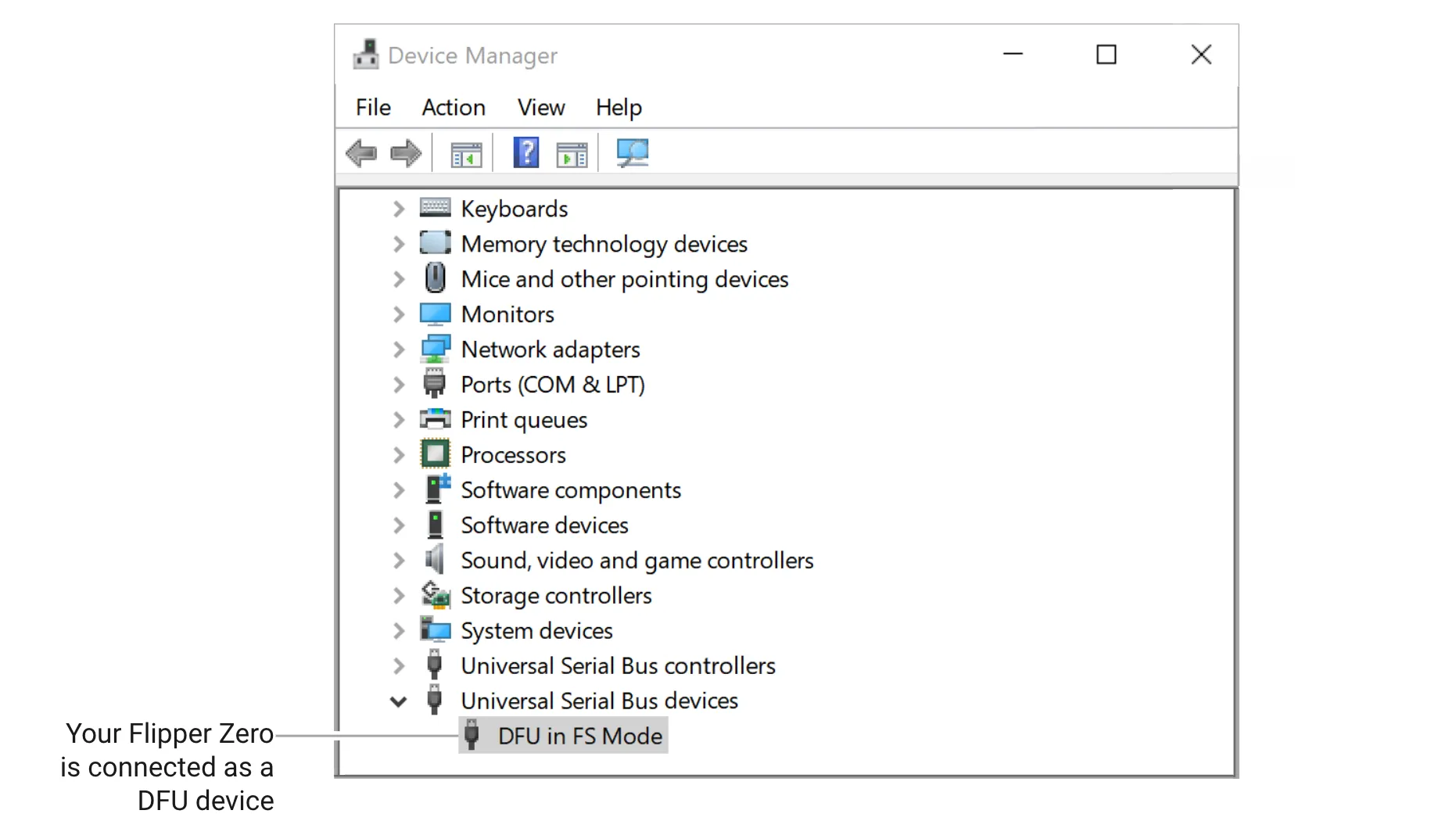 Your Flipper Zero is successfully connected as a DFU device