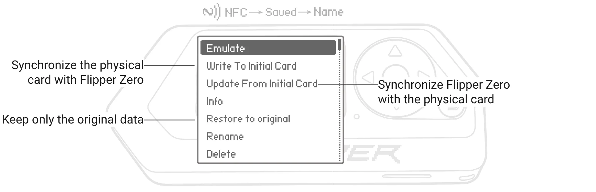 You can synchronize data states between Flipper Zero and the physical card