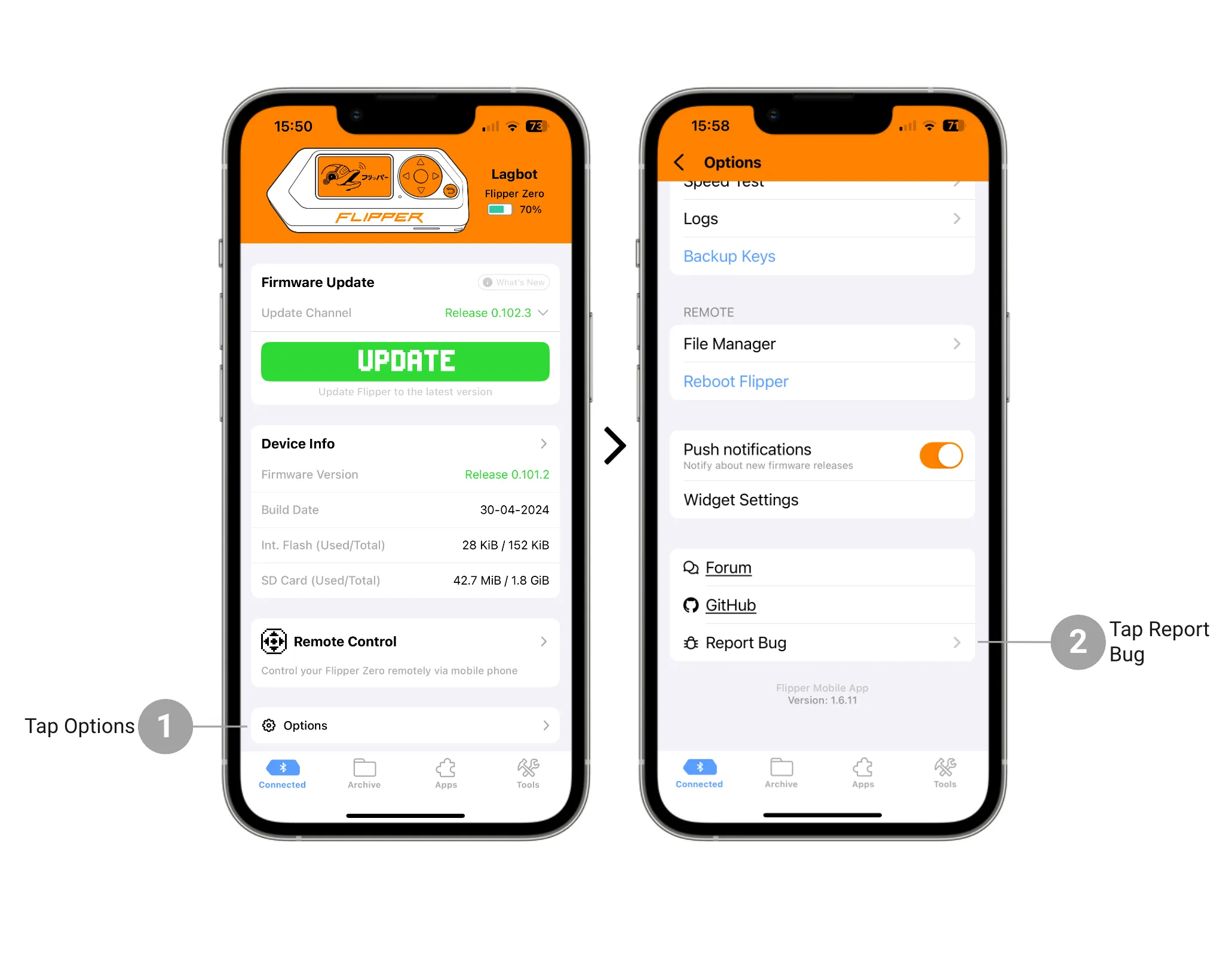 The mobile application has the Report a Bug feature