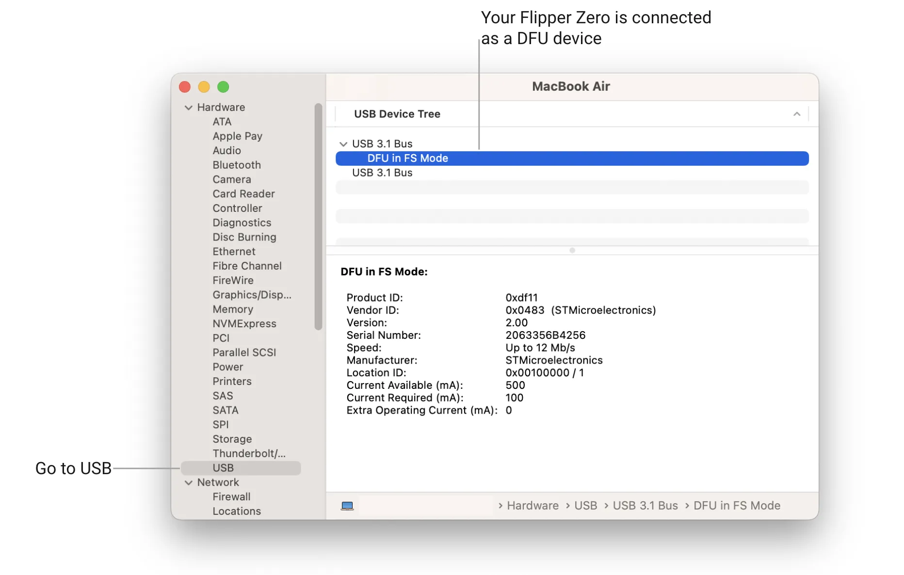 Your Flipper Zero is successfully connected as a DFU device