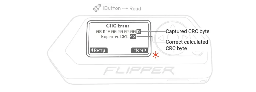 Flipper Zero will display the expected correct CRC byte