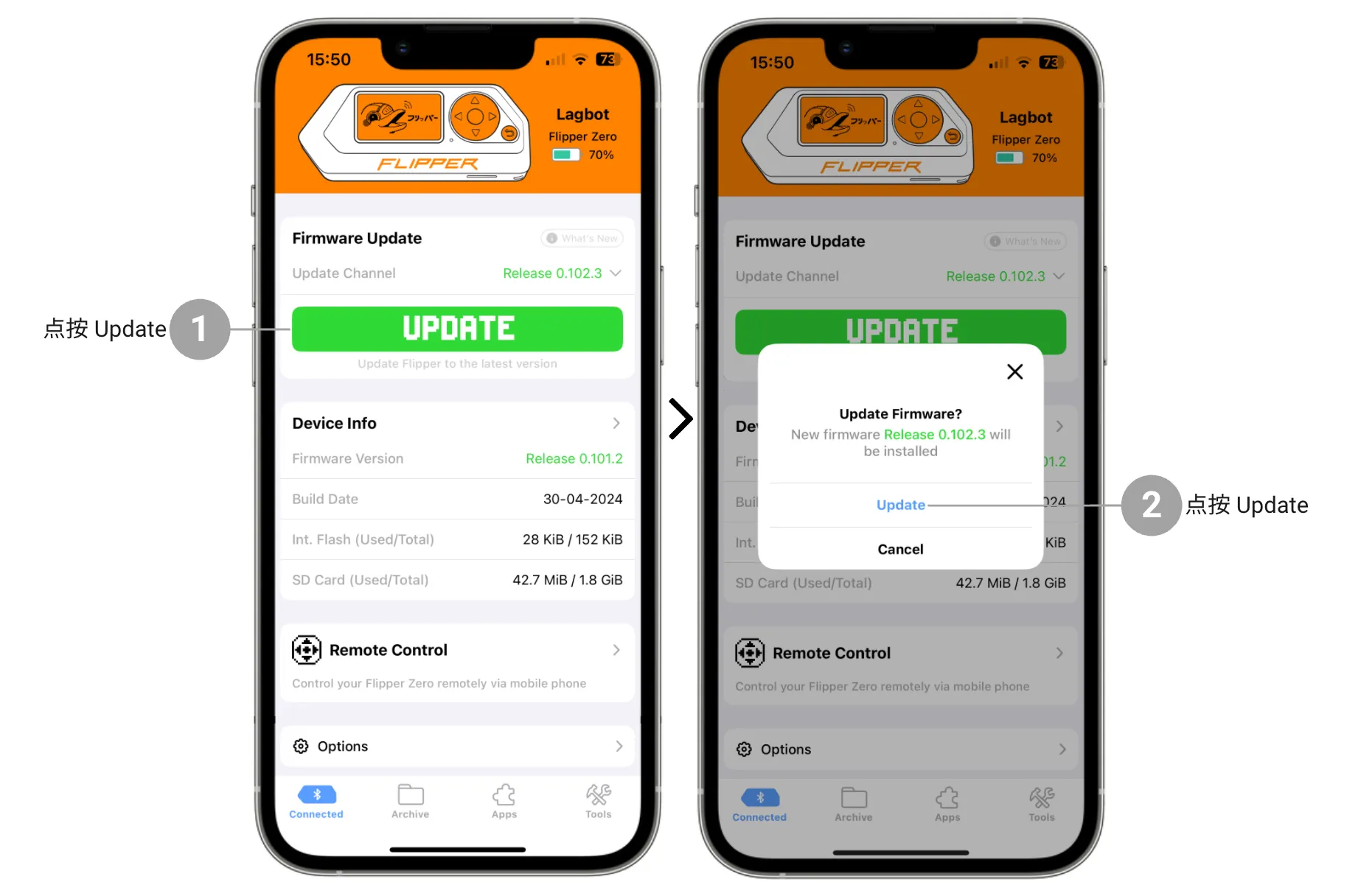 你可以通过 Flipper Mobile App 更新 Flipper Zero 你可以通过 Flipper Mobile App 更新 Flipper Zero