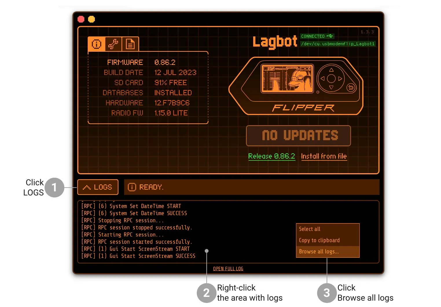 You can get full qFlipper logs even for the previous sessions