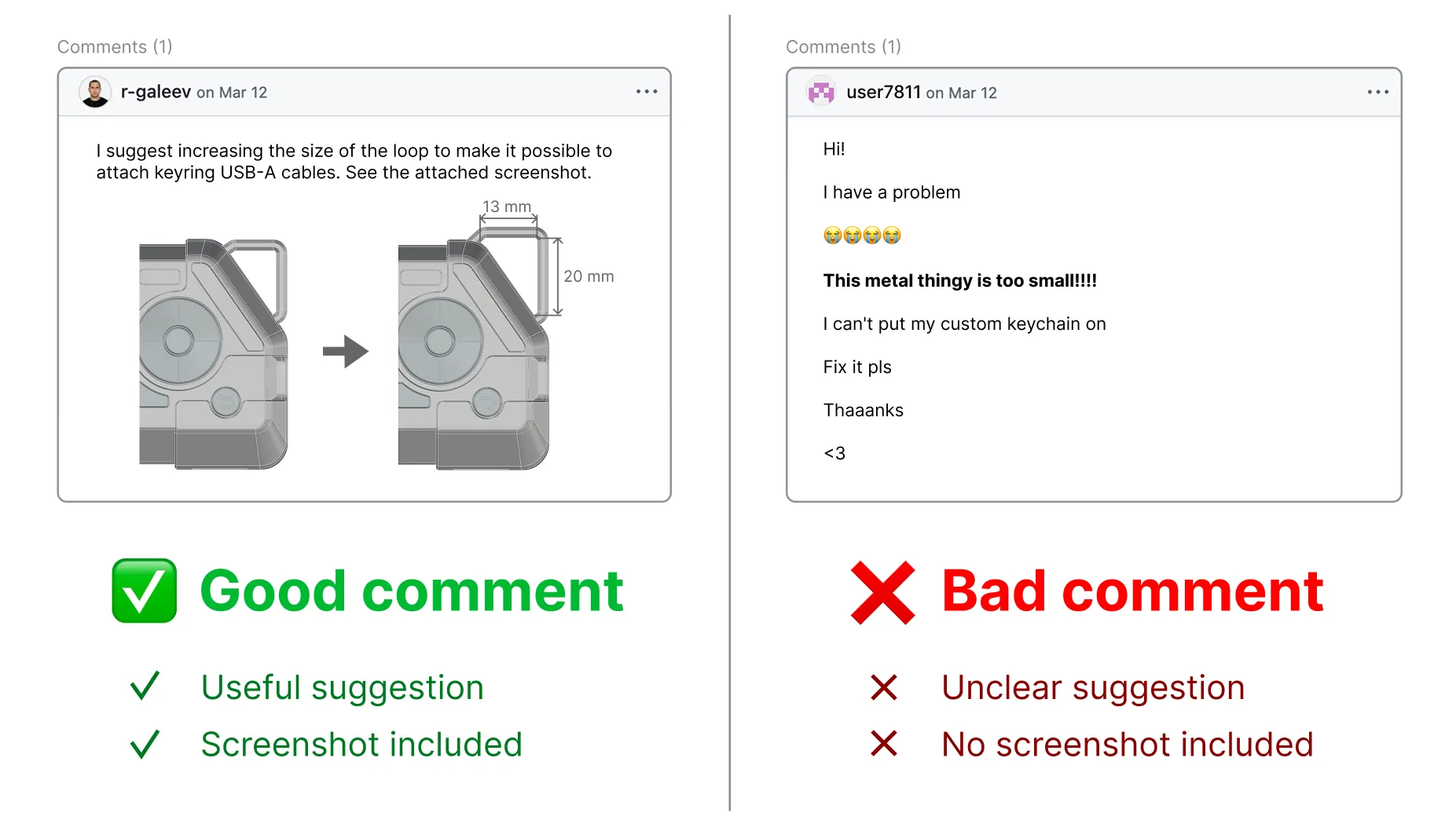 Good vs bad comment on a Mechanics task