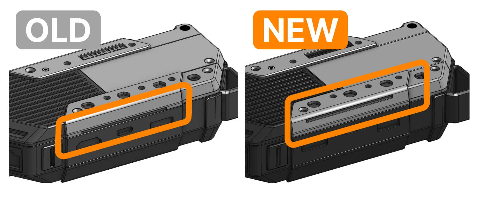 3D model of Flipper One's antenna rail corner with the relocated snap-fit notch highlighted in orange