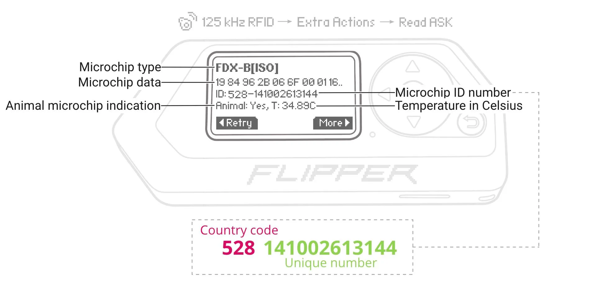 Data structure of an ISO-compliant FDX-B microchip Data structure of an ISO-compliant FDX-B microchip