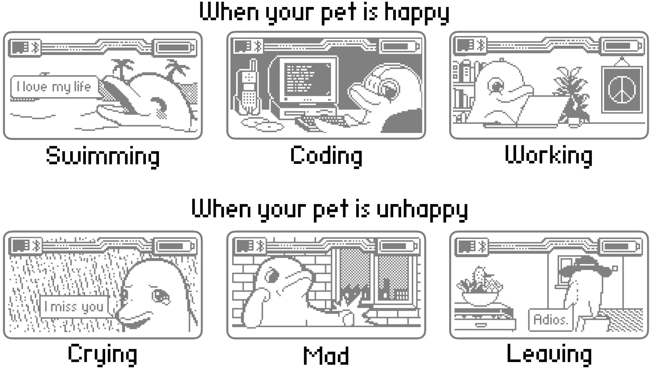 Your digital pet is able to express various emotions Your digital pet is able to express various emotions