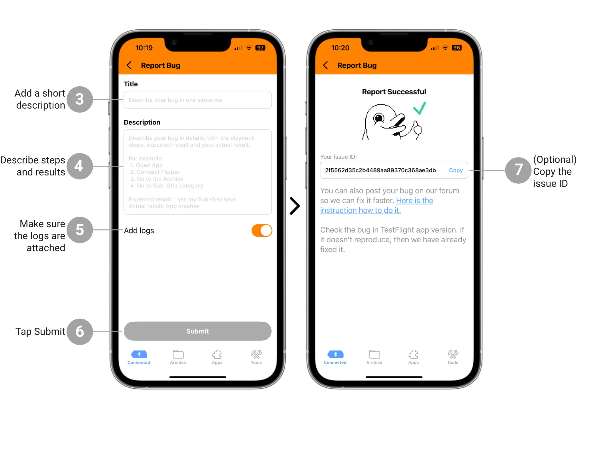 You can easily create and submit a bug report via Flipper Mobile App