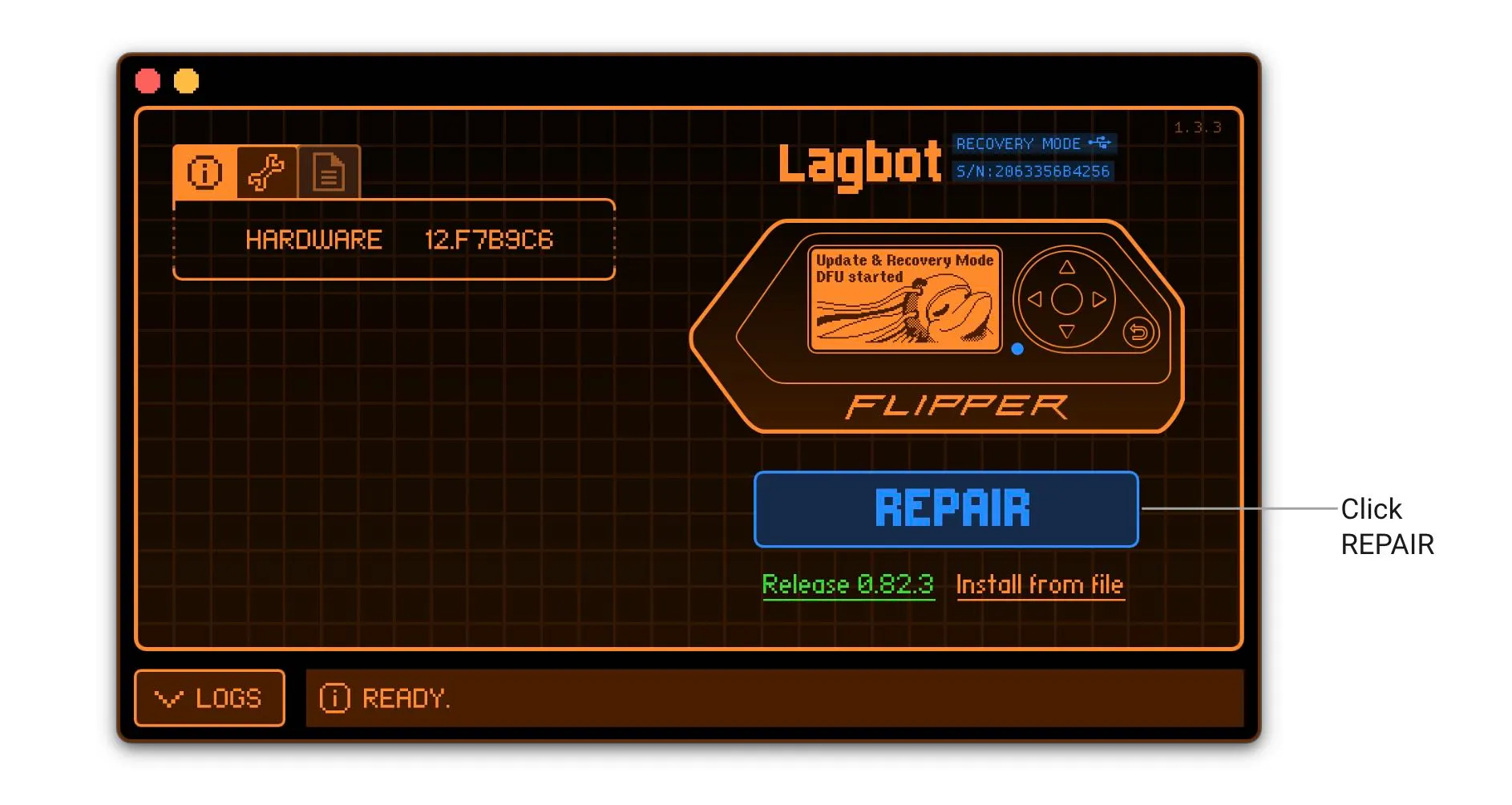qFlipper automatically detects your Flipper Zero as a DFU device