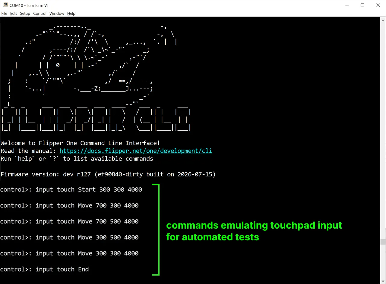 Input emulation CLI over a serial console, injecting button presses and a touch gesture
