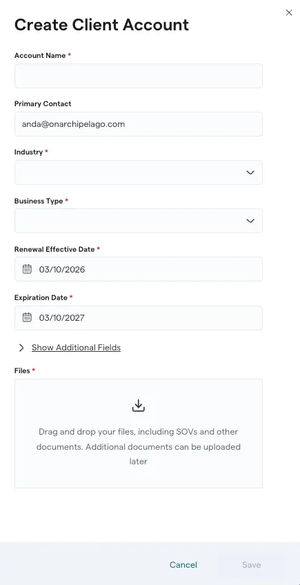 Create Client Account window view