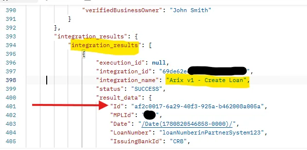 Example of Create Loan integration response, within the Pav2 response