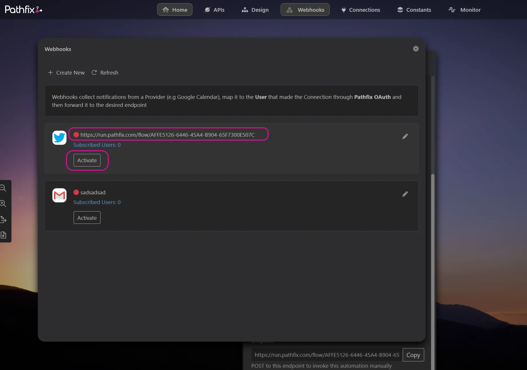 Copy Webhook URI and Activate Copy Webhook URI and Activate