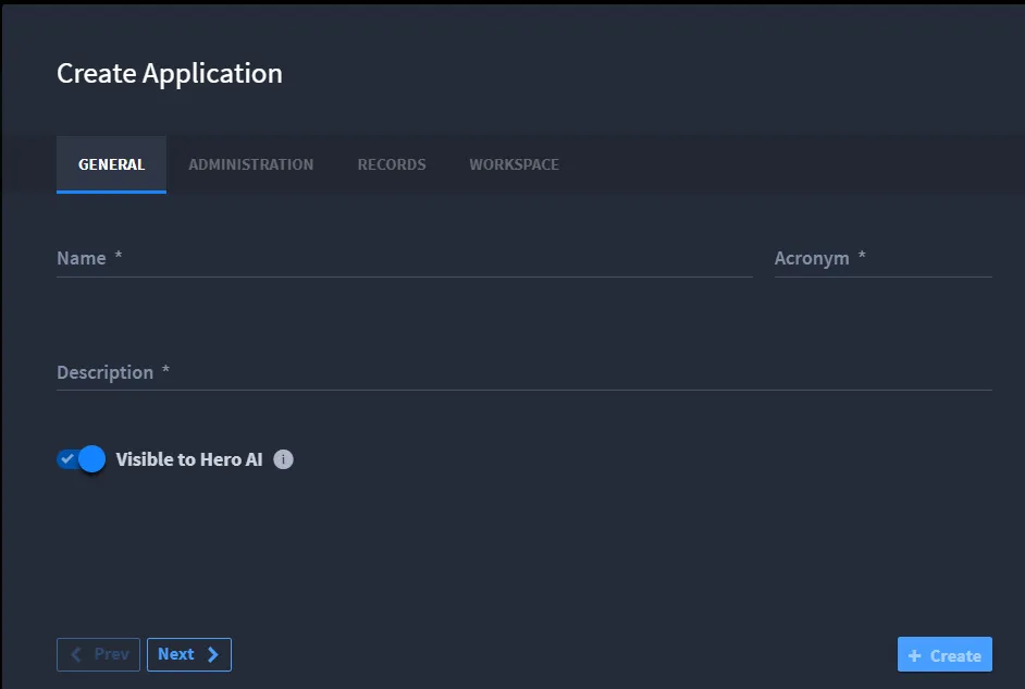 Create application screen Create application screen