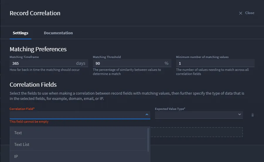 Correlation field dropdown Correlation field dropdown
