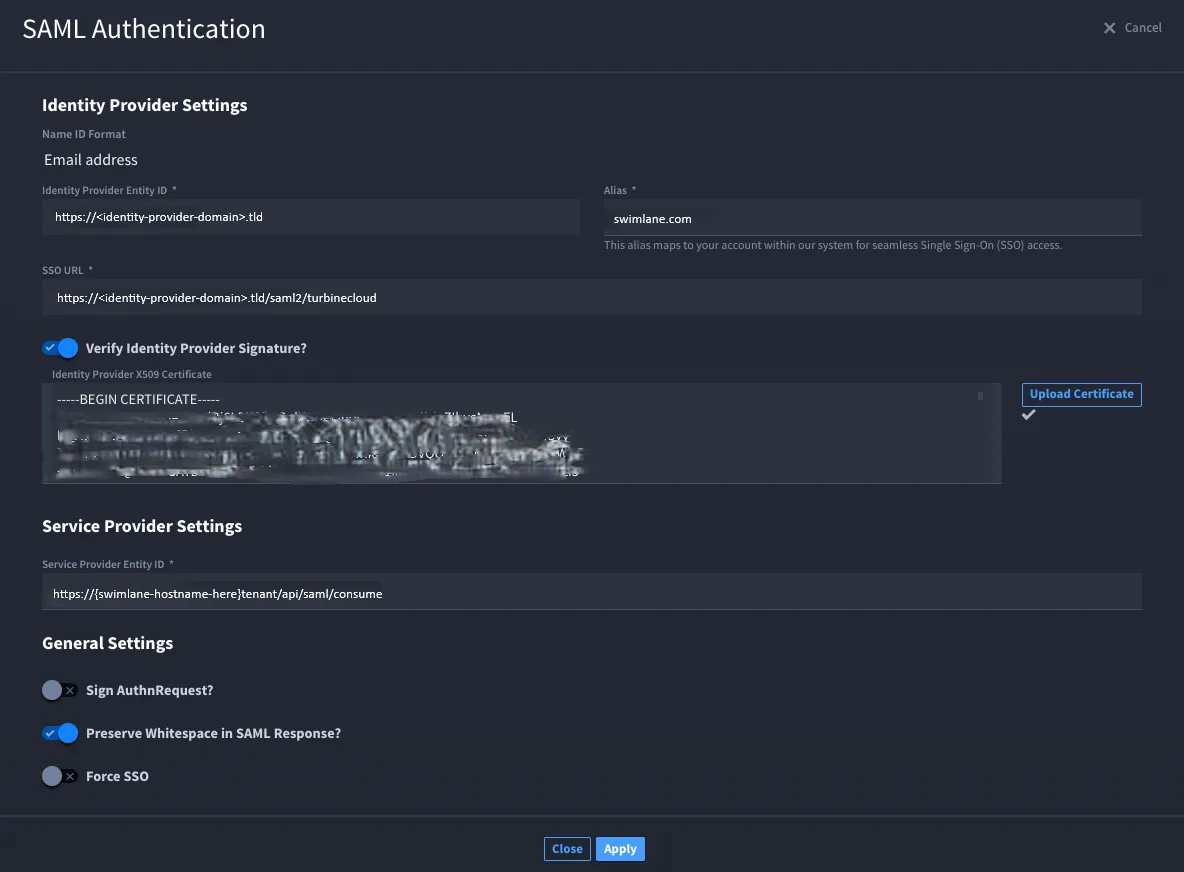 Single-SSO SAML Authentication dialog with Identity Provider Settings (including IdP certificate / Upload Certificate), Service Provider Settings, and General Settings (including optional Sign AuthnRequest)