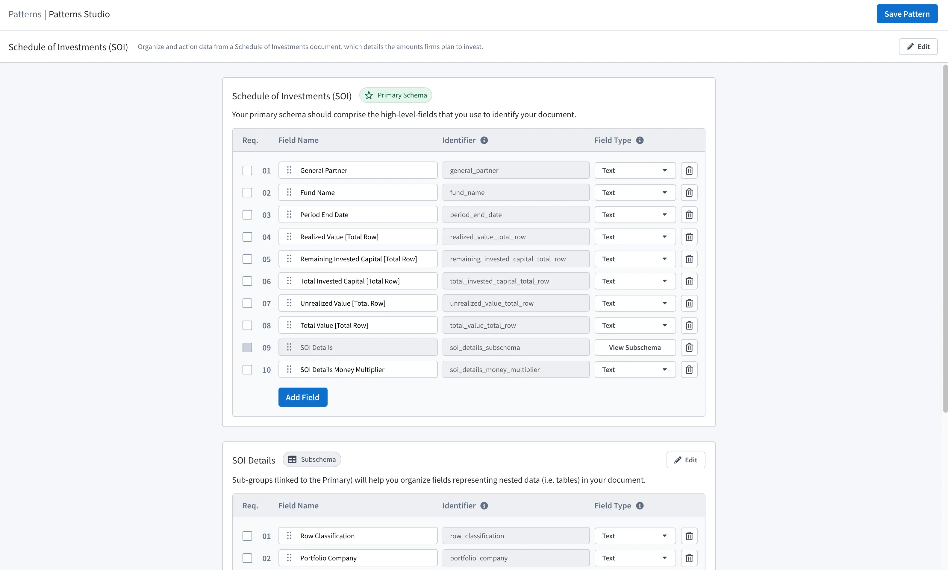 All Fields, Subschemas, and select Field details have been created for the Pattern and can be changed All Fields, Subschemas, and select Field details have been created for the Pattern and can be changed
