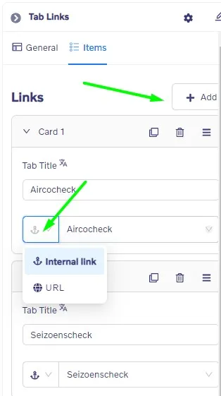 Tab Links block - Item settings