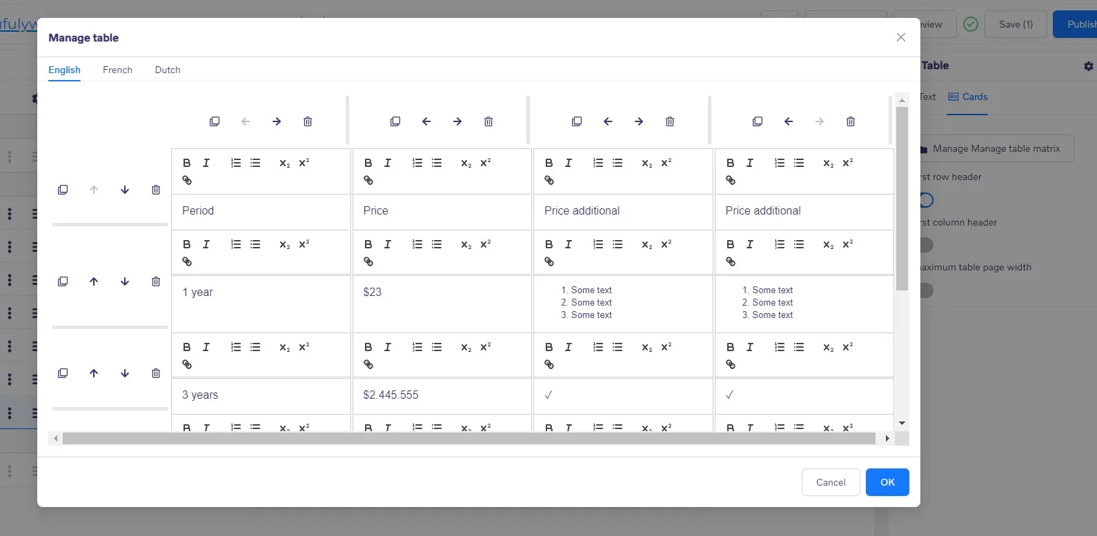 Table block - Manage table matrix