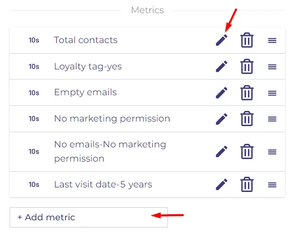 Press on "pencil" icon to edit your metric/add new metric 