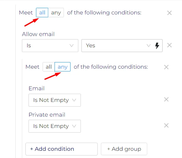  "all/any" selector gets the records with selected conditions