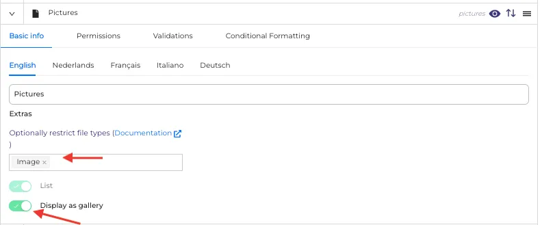 Setting of parameters for the Inline image gallery