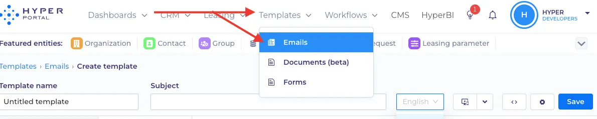 'Emails' from dropdown menu