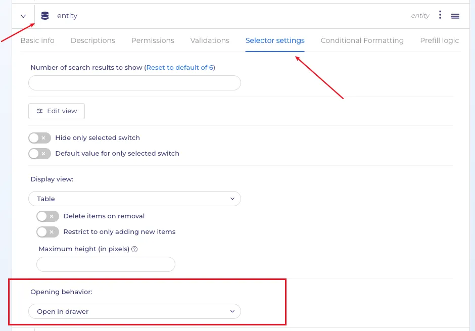 "Entity" property settings