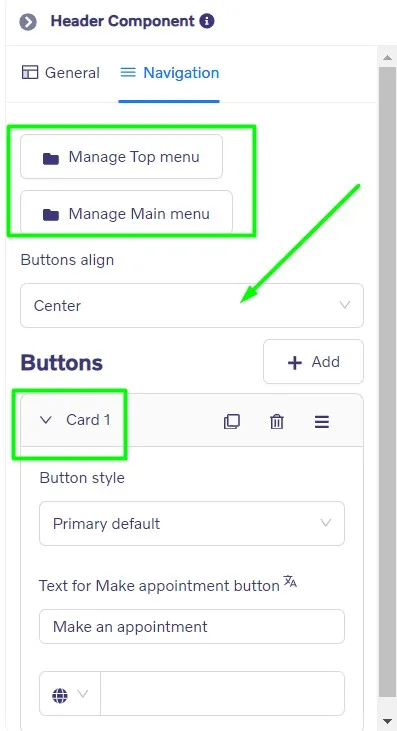 Header component - Navigation settings