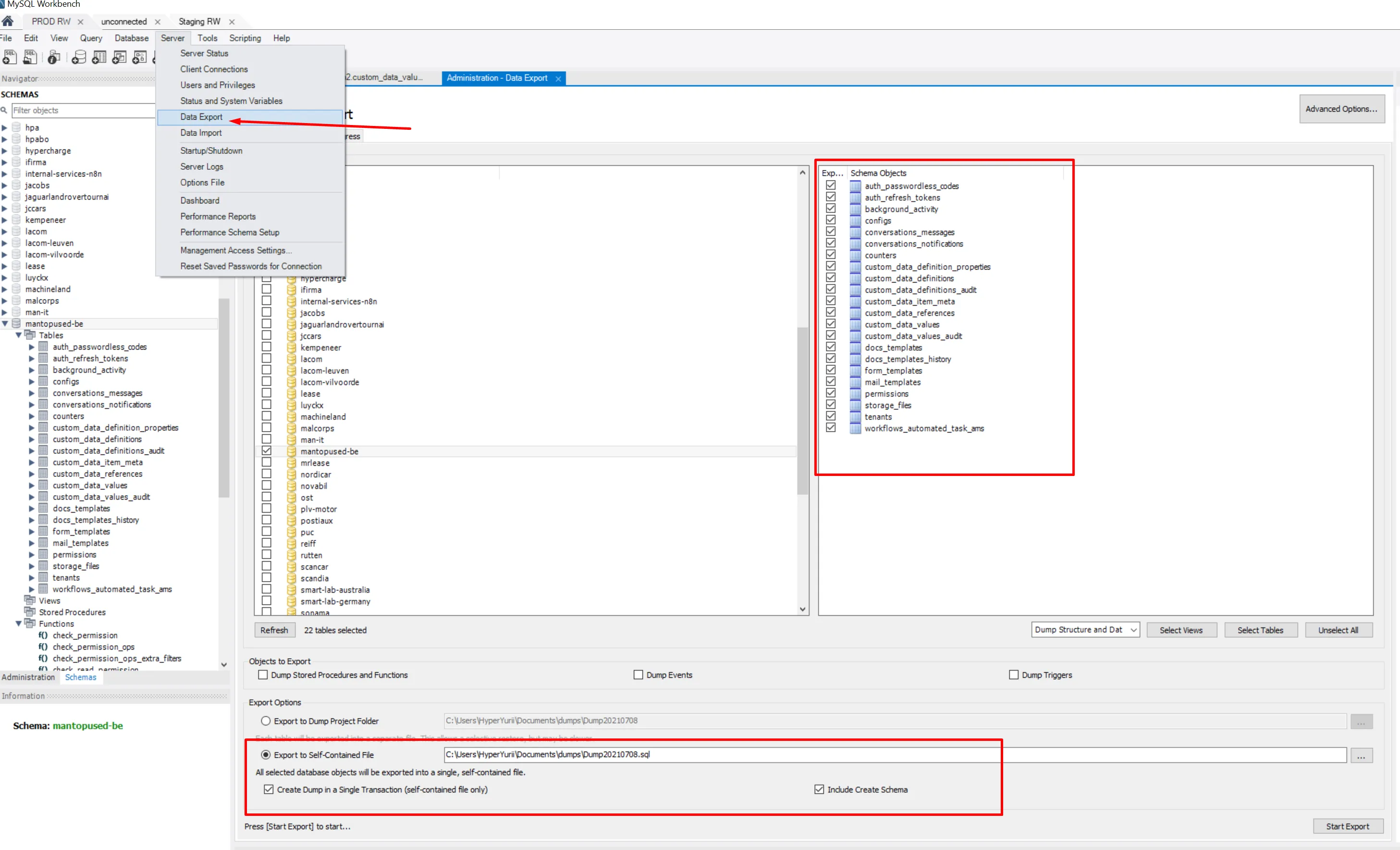 database export